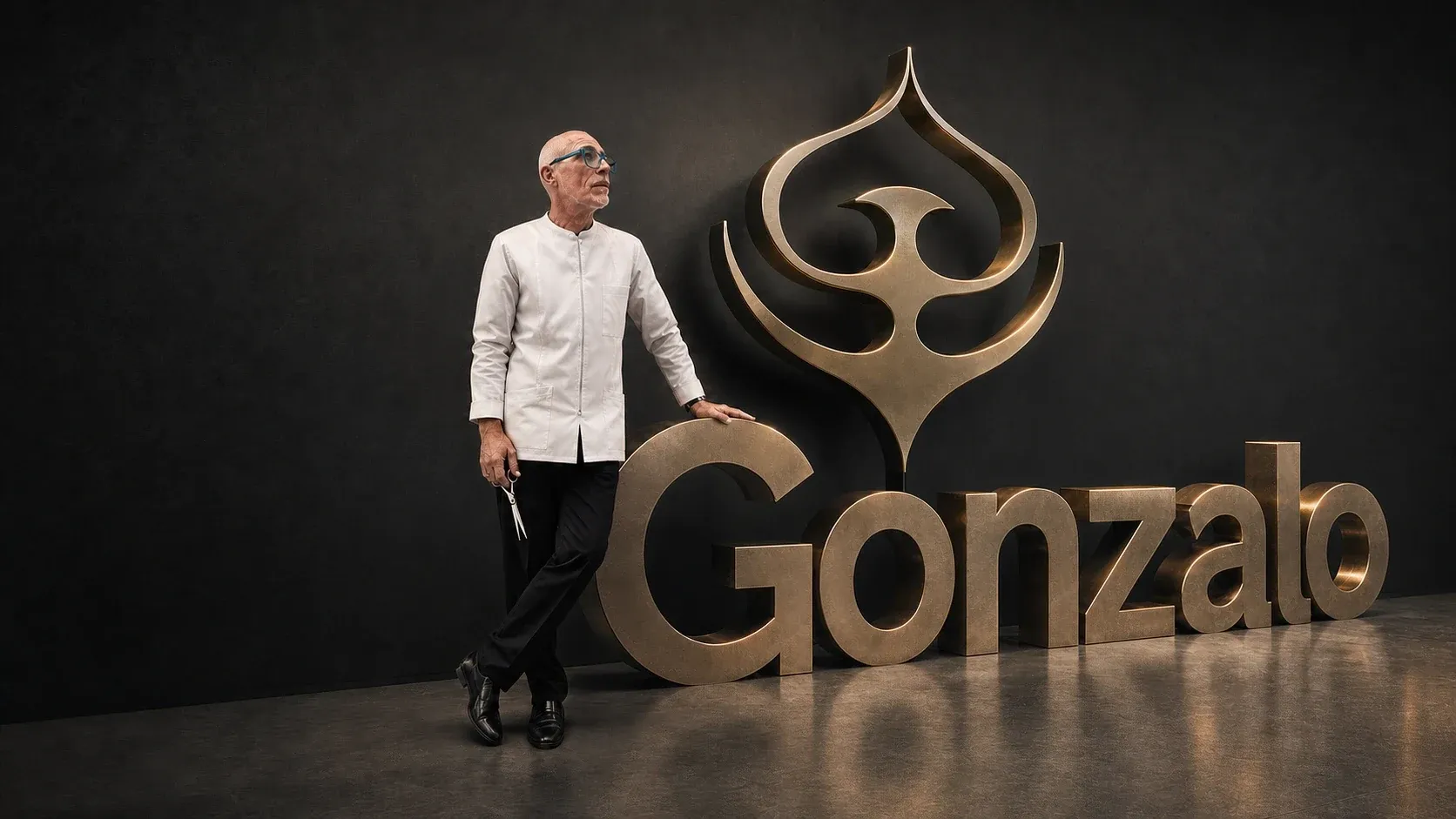 Gonzalo, peluquero y barbero, con sus tijeras junto al logo dorado de Peluquería Gonzalo